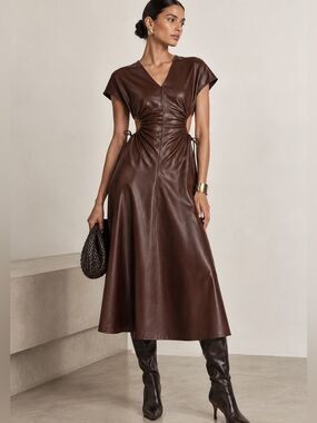 7 for All Mankind Brown Faux Leather Cutout Midi Dress Size XS